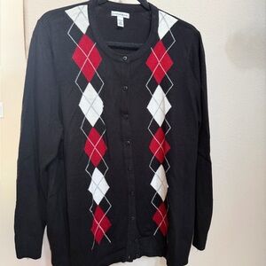 Croft & Barrow Black/Red/Cream Argyle Cardigan